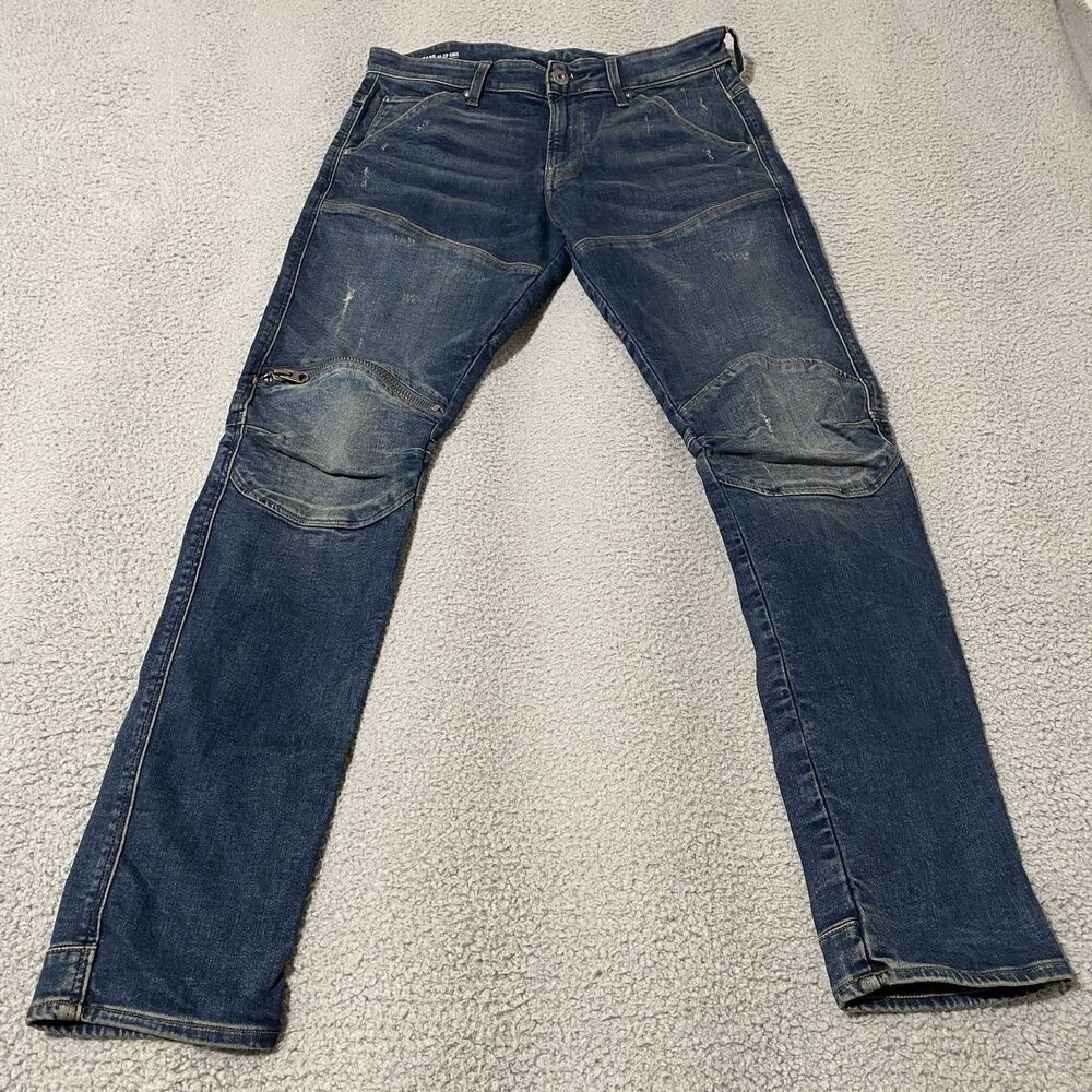 G Star Raw 5620 3D Zip Knee Skinny Jeans Mens 31x32 Blue Stretch Moto Distressed